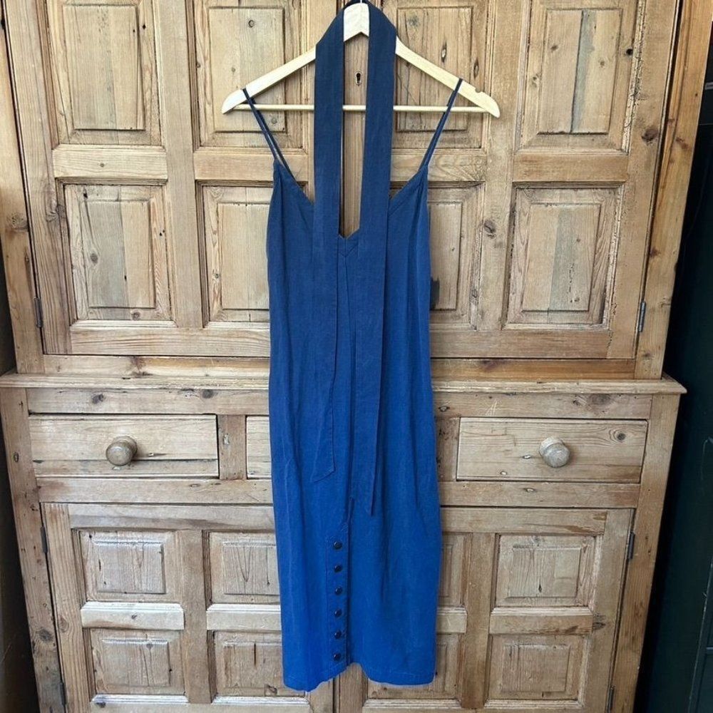 Avec‎ Les Filles Small Slate Blue Textured Midi Slip Dress Belted